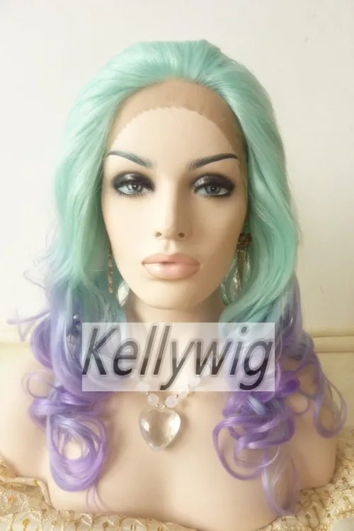 

Free Ship StocK Length 16"-28" Synthetic Hair Glueless Lace Front Wig  Ombre Color Green/Purple Curly Heat Resistant Hair
