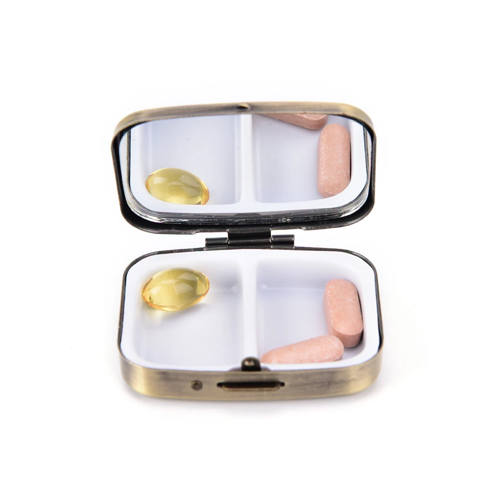 2 Grid Moistureproof Medicine Holder Pill Storage Box Bronze Metal Rectangle Waterproof storage Package Box 56*44*15mm