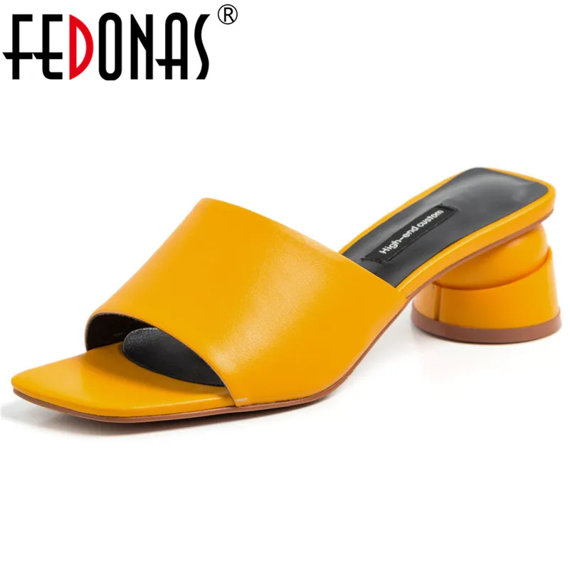 FEDONAS Top Quality Fashion Concise White Yellow Genuine Leather Women Sandals Slip on Elegant Strange Style Casual Shoes Woman