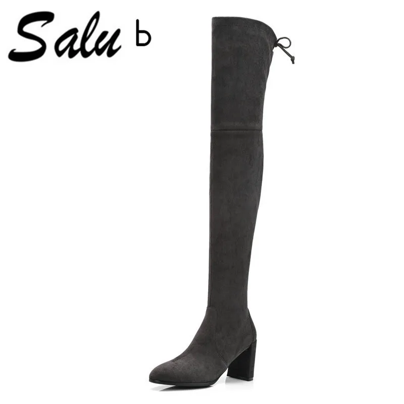 

Salu New Genuine leather high boots high heels shoes woman black suede beige leather Spring/Autumn 35-40 size