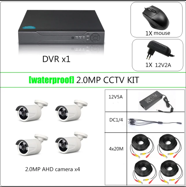 YiiSPO 4CH Камера видеонаблюдения комплект 1080P AHD камера HD CCTV DVR kit HDMI выход VGA просмотр телефона Крытый/водонепроницаемый P2P 2.0MP 1080N DVR 20 mcable - Цвет: waterproof 1080P