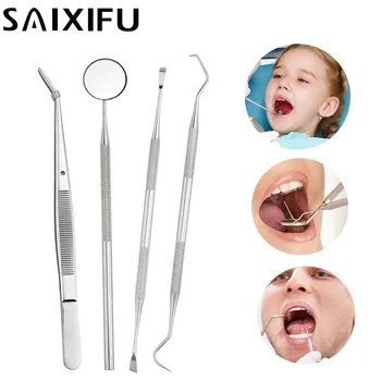 

4pcs Stainless Steel Dental Tools Kit Teeth Tartar Scraper Mouth Mirror Dentists Pick Tool Teeth Scaler for Personal Use DT17