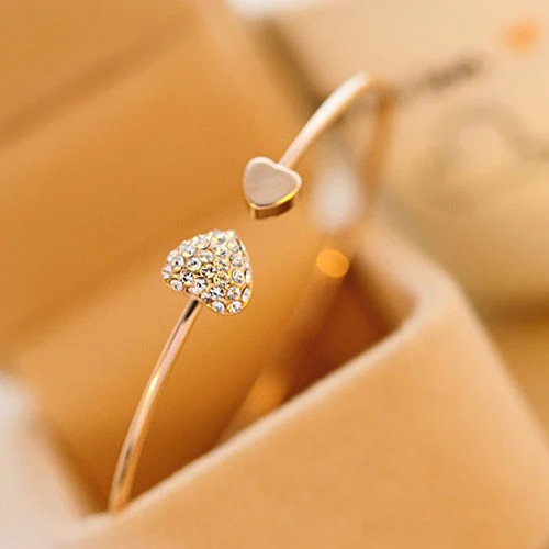 

SHUANGR Adajustable One Piece High Quality Gold Color Austrian Crystal Bangles Double Heart Femme Fashion Jewelry