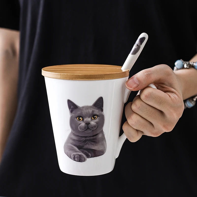 

2019 New British Shorthair Cat Ceramics Mugs Cute Animal Cups Student Couple Milk Mug Office and Family Coffee Tea Cup with Lids
