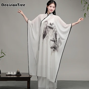 

2020 retro chinese traditional qipao women lace chiffon cheongsam female sleeveless crane print improved cheongsam dress