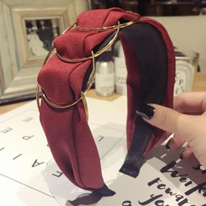 

Wine Red Headband with Metal Ring Decorated Women Hair Accessories Wide Head Band Adults Outdoor Headdress Solid Hair Hoop