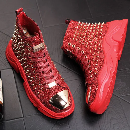 На шнуровке туфли на толстой подошве с высоким берцем тренер Ботинки с блестками кроссовки зеленый металлик модная обувь для мужчин рок ботильоны с заклепками красные серьги-гвоздики - Цвет: Красный