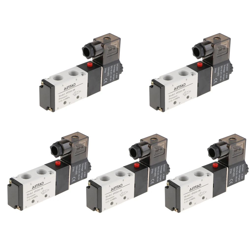 5pcs 4V210-08 Solenoid Valve 5 Way 2 Position Pneumatic Air-Operated 1/4 BSPT 24V