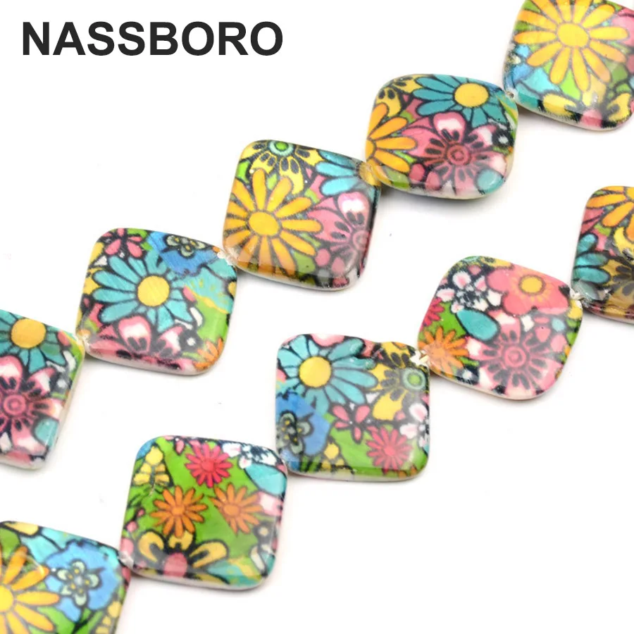 

Approx.16pcs 18mm Square Shape Printed Flowers Shell Beads Natural Loose Stone Beads For Jewelry Making Bracelet Necklace DIY