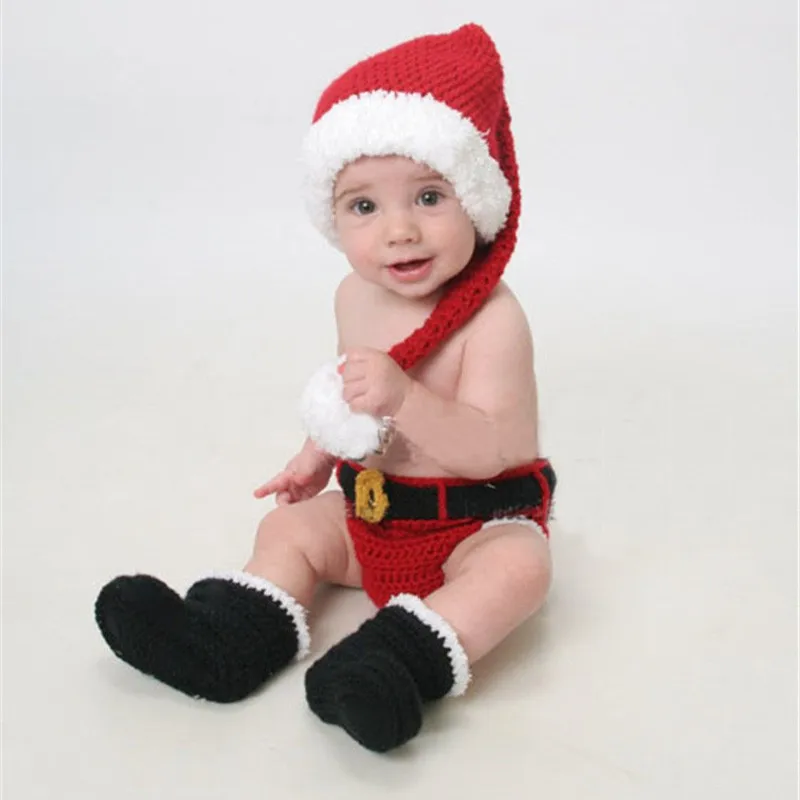 Милый реквизит для фото младенца, новорожденного, Санта Клауса, Рождественская Детская шляпа, обувь, комплект вязания крючком, шляпа, шорты, набор для фотосессии JC028