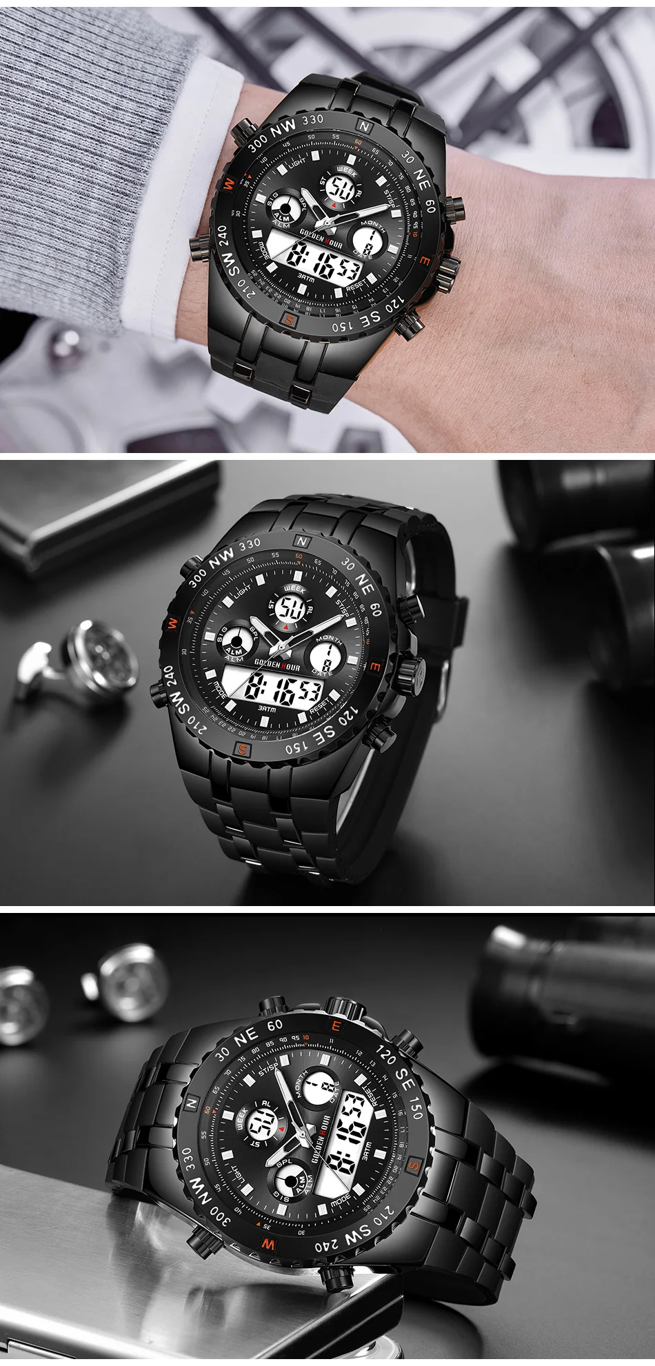 Новые модные мужские кварцевые часы с силиконовым ремешком для спорта на открытом воздухе мужские s наручные часы с двойным дисплеем водонепроницаемые GOLDENHOUR Relogio Masculino