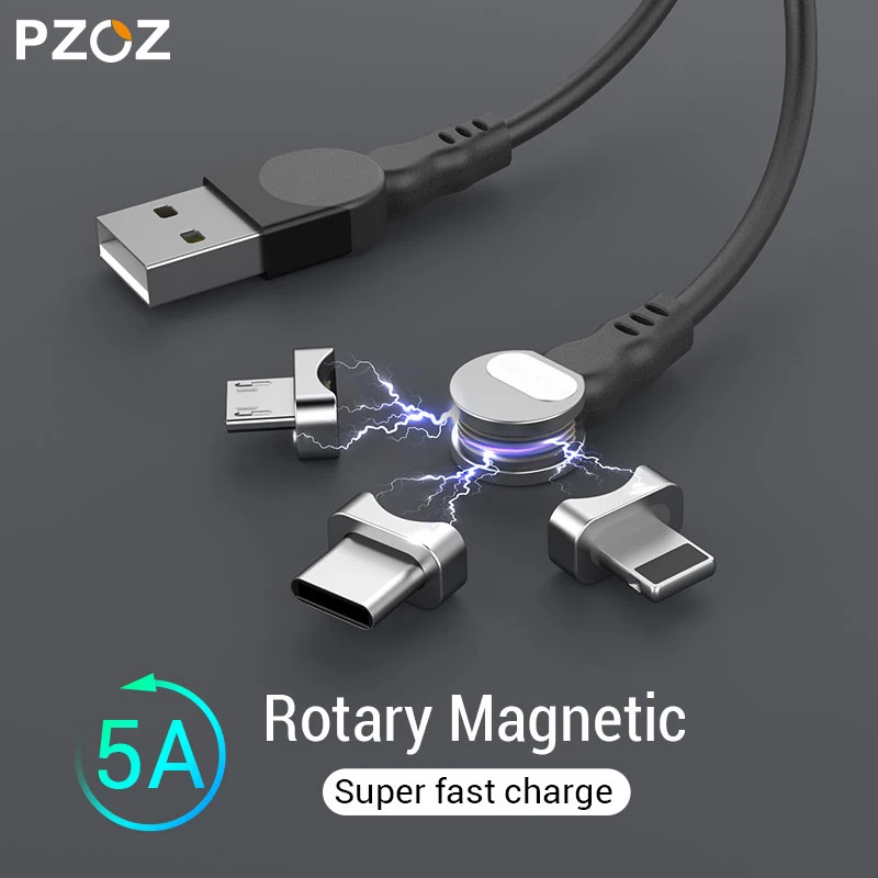 

PZOZ Rotate 90 degree Magnetic USB Cable 5A Fast Charging USB C Charger Micro USB Type c Cable For iphone cable xiaomi mi huawei