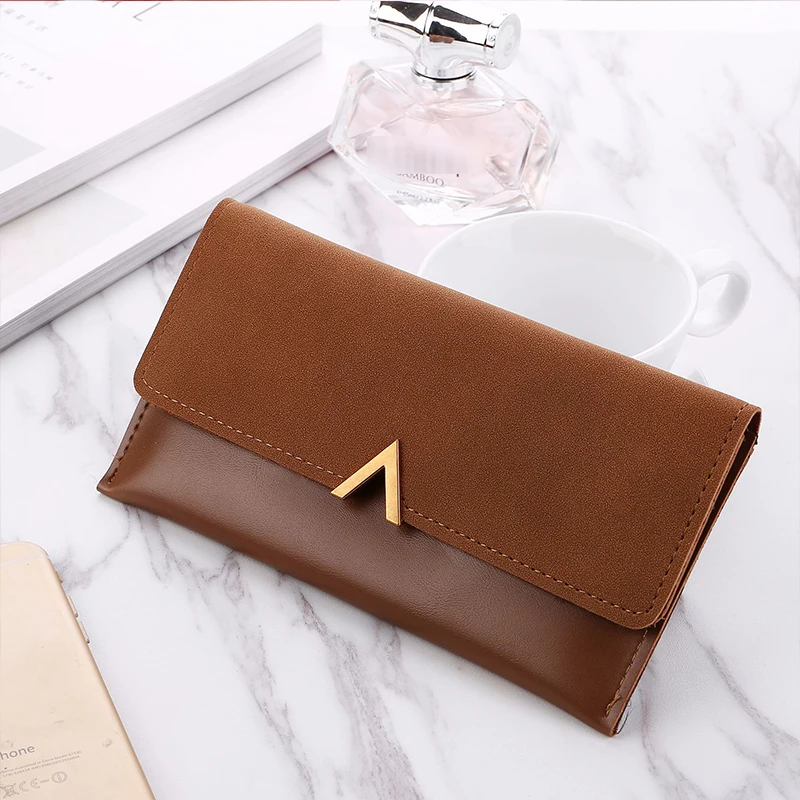 

2019 summer New wallet Frosted PU Panelled Three fold Long style Metal decorate light thin female wallet Card bag Zipper Hasp