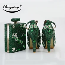 BaoYaFang/Новинка; женские свадебные туфли с сумочкой в стиле мачтинга; вечерние туфли для невесты на каблуке 8 см/11 см; туфли с ремешком на лодыжке и зелеными кристаллами