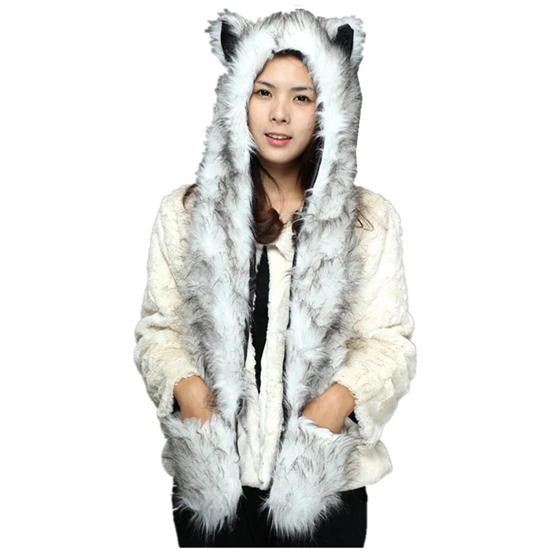 

DOUBCHOW Cute Faux Fur Panda Wolf Polar Bear Pattern Animal Hats with Paws Gloves for Womens Mens Teenagers Winter Fleece Beanie