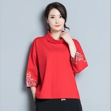 Новая Осенняя хлопковая Футболка с вышивкой в национальном стиле