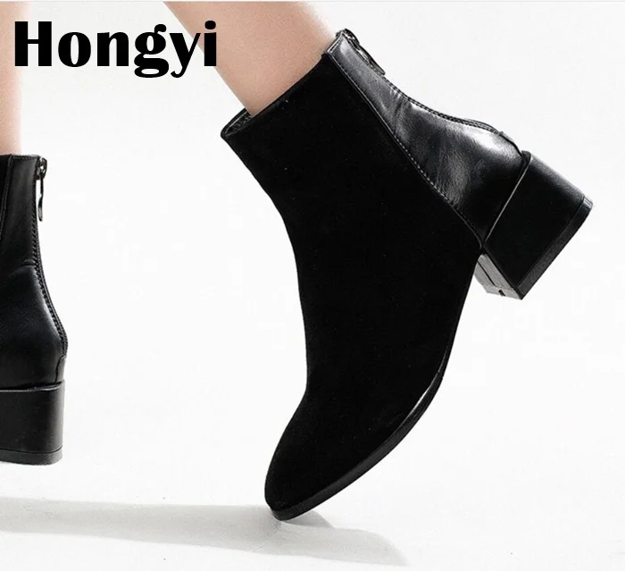 

Fashion Designer Pointed Toe Block Square Heeled Winter Warm Boots Women Back Zipper Chelsea Boots Female Botas Mujer Plus Size