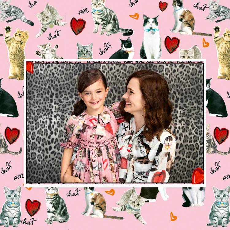 

100X145cm Small Cat Letter Printed Thin Chiffon Fabric for Woman Children Parent-child Summer Long Dresses Blouse Sewing DIY