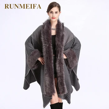

[RUNMEIFA] 2017 women autumn and winter fashion style Loose imitation fox fur Knit Cardigan Size shawl Cape Cloak coat
