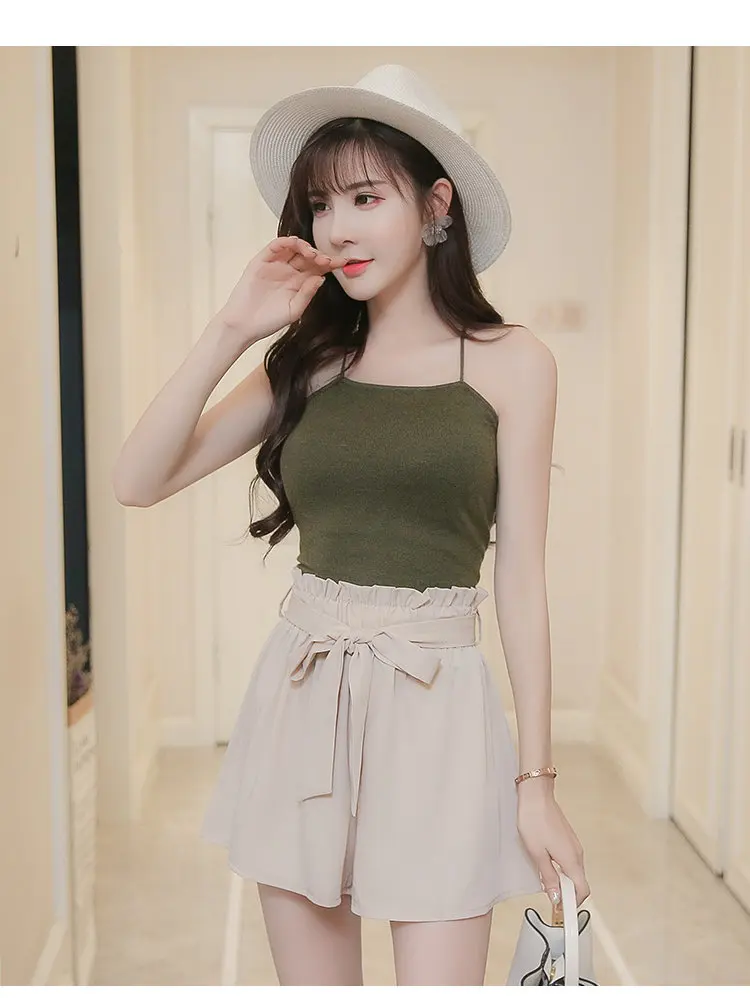 Summer Fashion Women Shorts High Waist Brown Chiffon Shorts Female Bow Elastic Waist Wide Leg Shorts Ladies Cortos Mujer 2018 (6)