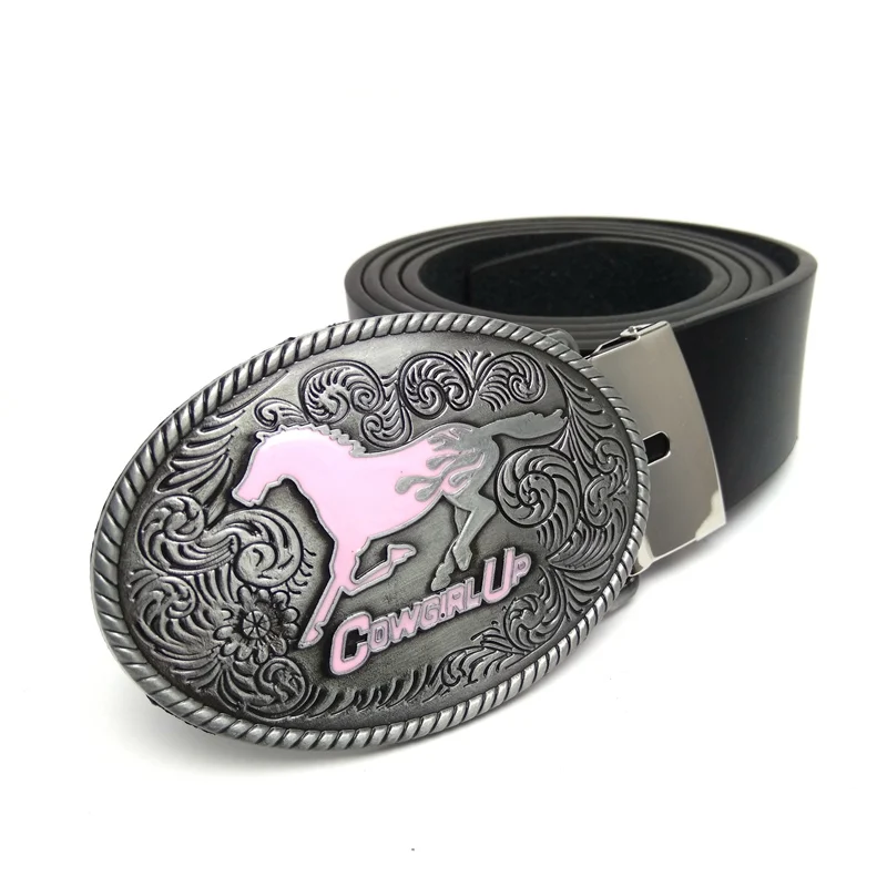 Western Cowgirls Belts for women jeans oval pink horse cowgirl up metal