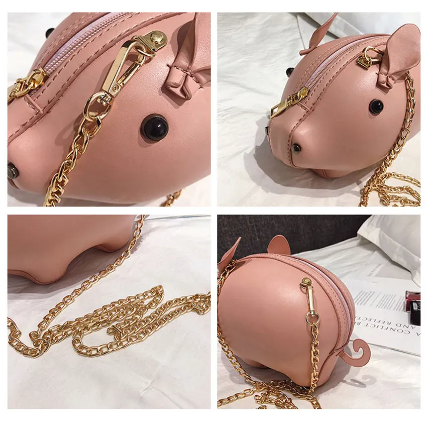 Women Pig Chain Shoulder Messenger Bag Funny Cute Crossbody Bag Female Leather Party Evening Bag Pure Color