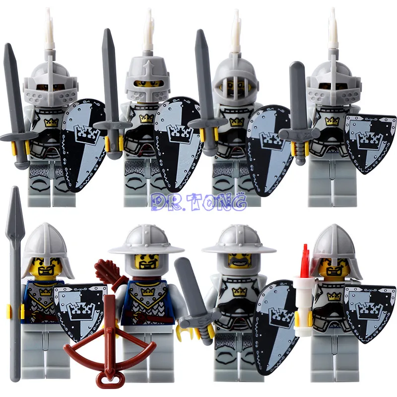 DR TONG Building Blocks WHITE Crown Medieval Castle Armor Knight with Weapons Figures Mini block Bricks