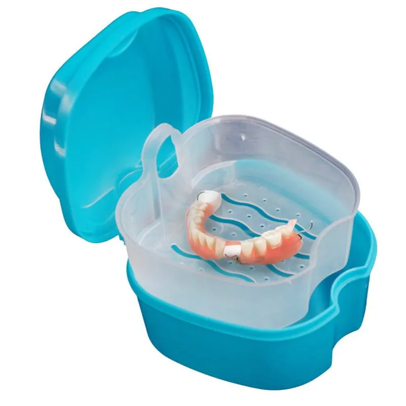 

NEW Denture Bath Box Case Dental False Teeth Storage Box with Hanging Net Container Inside Network Hanging False Teeth Box