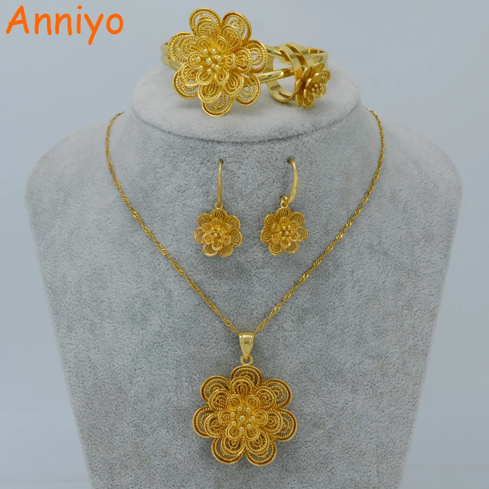 

Anniyo African Gold Color Flower Pendant Necklace Earrings Bracelet Ring Jewelry sets Arab Wedding Ethiopian Gifts #022406