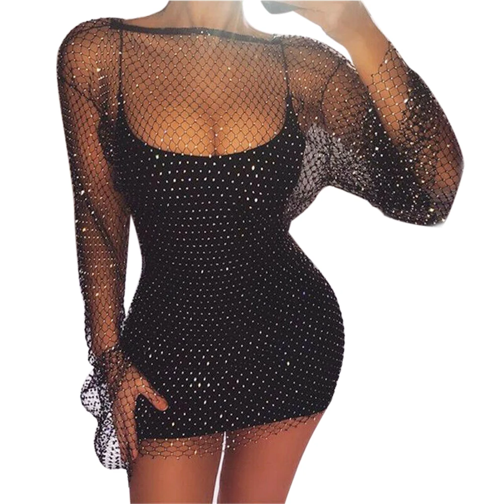 

Nightclub Long Sleeve Sexy Women Dress Evening Party Knitting Crew Neck Rhinestone Bikini Cover Up Mesh Mini Loose Fishnet