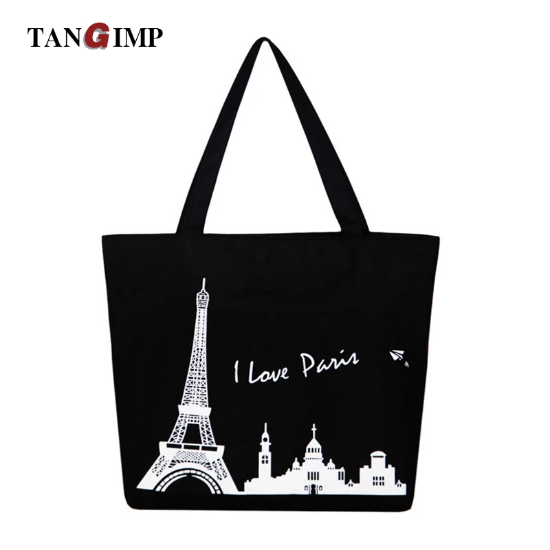 Goedkoop TANGIMP Vrouwen Canvas Handtas Grote Ruimte Rits Reizen Winkelen Schoudertas Parijs Eiffeltoren Meisjes Strand Bookbags Casual Tote