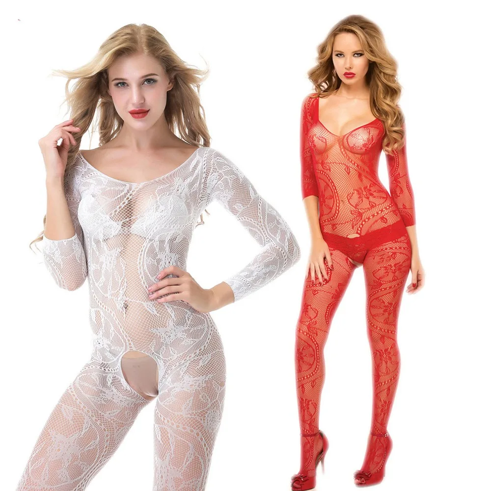 

Candiway Sexy fishnet bodystocking Deep V underwear woman open crotch tight erotic transparent teddy fishing hollow mesh sleeve