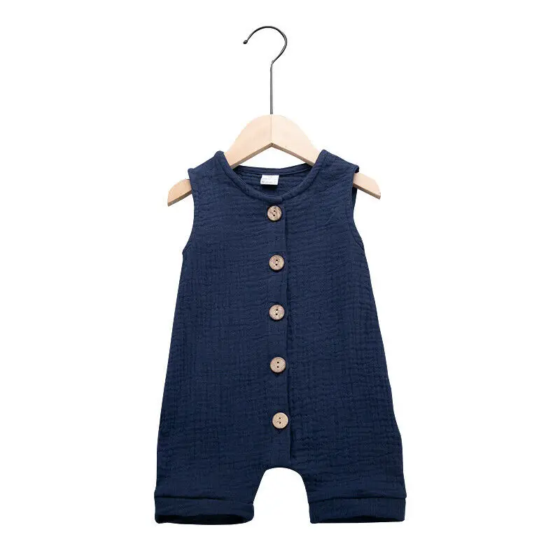 Летняя одежда для малышей хлопковый льняной комбинезон для новорожденных мальчиков и девочек, однобортный комбинезон унисекс без рукавов для детей 0-24 месяцев - Цвет: Синий