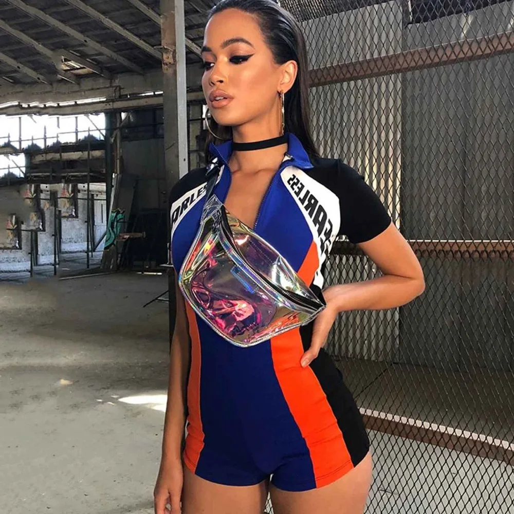 Для женщин Bodycon Комбинезоны Racing Нерегулярные полосатый молния шорты с коротким