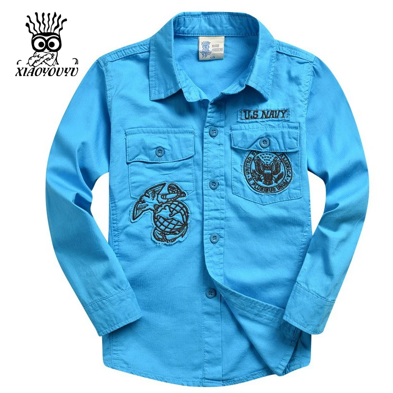 XIAOYOUYU Cartoon Decoration Boys Fashion Shirts Size 120 160 cm New Arrival Pocket Design Children Casual