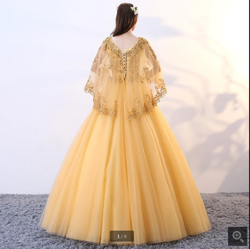 Vestido de festa золотистые кружевные аппликации бальное платье для выпускного вечера с v-образным вырезом принцесса с пышными рукавами корсет вышитые бисером вечерние платья на выпускной горячая распродажа