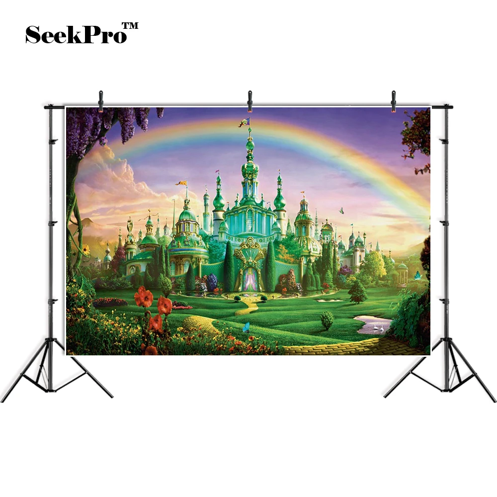 SeekPro Fairy Tale Rainbow Castle Children Kids Birthday Banner Photo Backgrounds Printed Studio Indoor Photographic Backdrop |