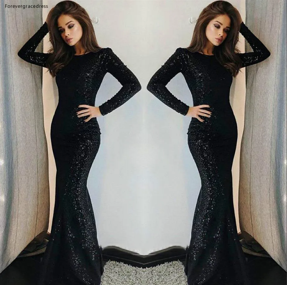 Sequins Black Mermaid Prom Evening Dresses Vintage Bateau Neck Long Sleeves Evening Gowns Robe de soriee BC0376  119