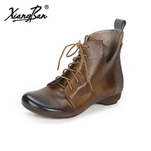 Xiangban Genuine Leather Martin boots 2018 Spring Autumn Women Boots Low Heels Lace Up Short Boots