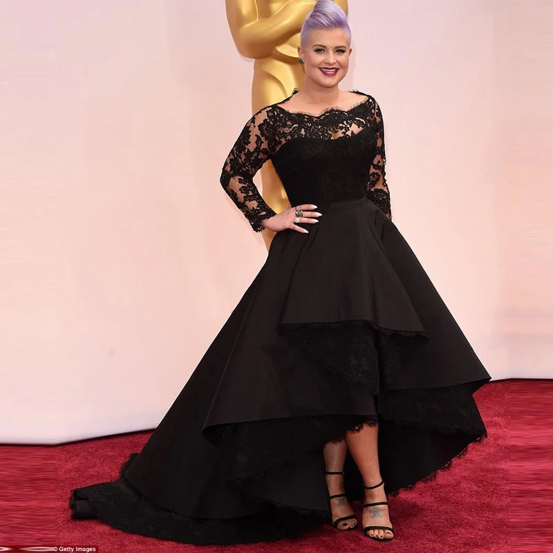 

Vintage Lace Appliques Satin Front Short Back Long Celebrity Dresses 2016 Fashion Long Sleeve Ball Gown Long Black Evening Dress