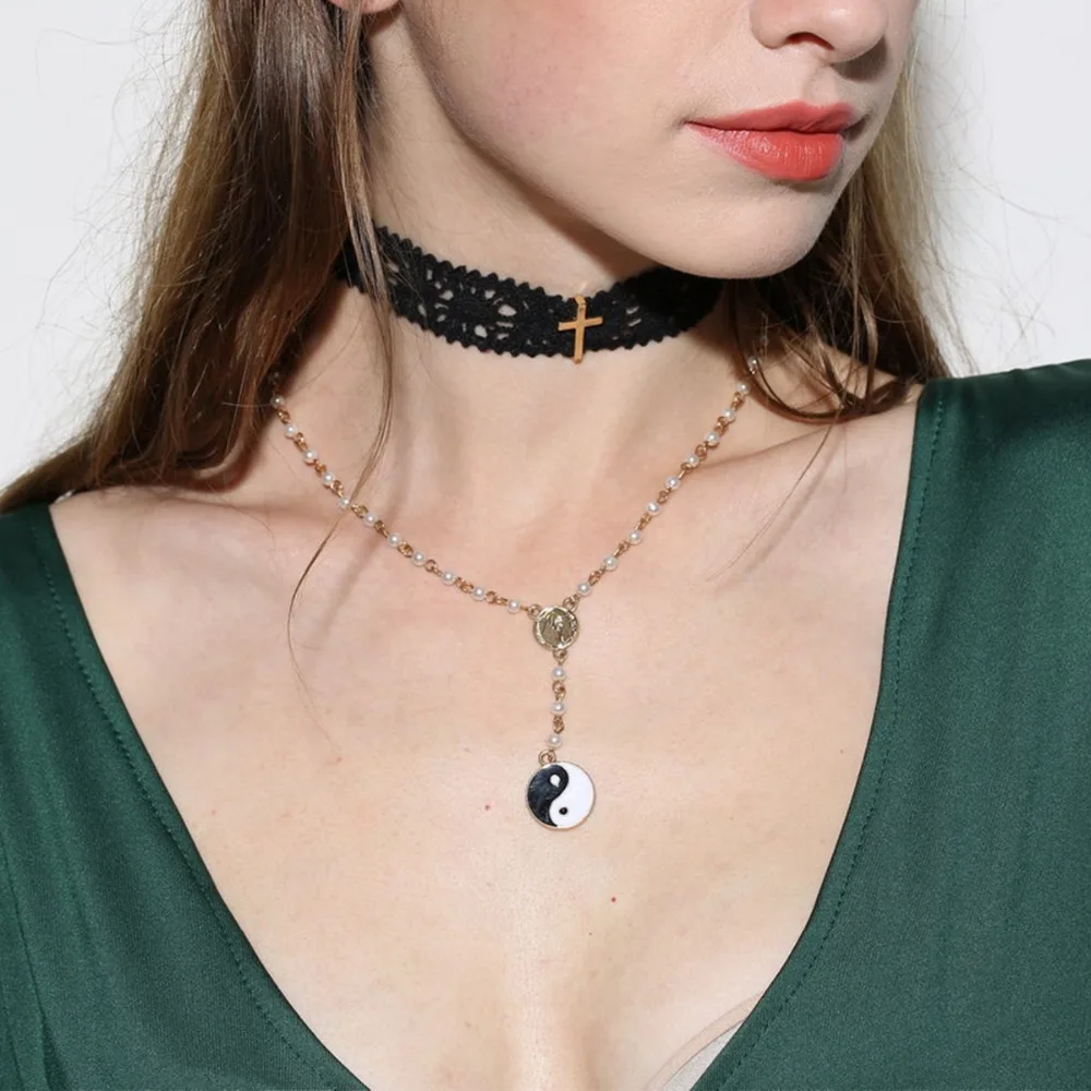 Buy Fashion Chokers Set Black Hollow out Lace Velvet