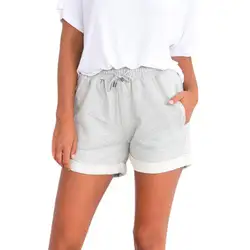 Летняя уличная мода шорты для женщин для повседневное свободные хлопковые контрастная Привязка сбоку разделение эластичный пояс удобные