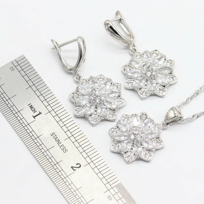 Серебряные Ювелирные наборы для женщин в форме цветка белые полудрагоценные серьги браслет кольца ожерелье кулон Рождественский подарок