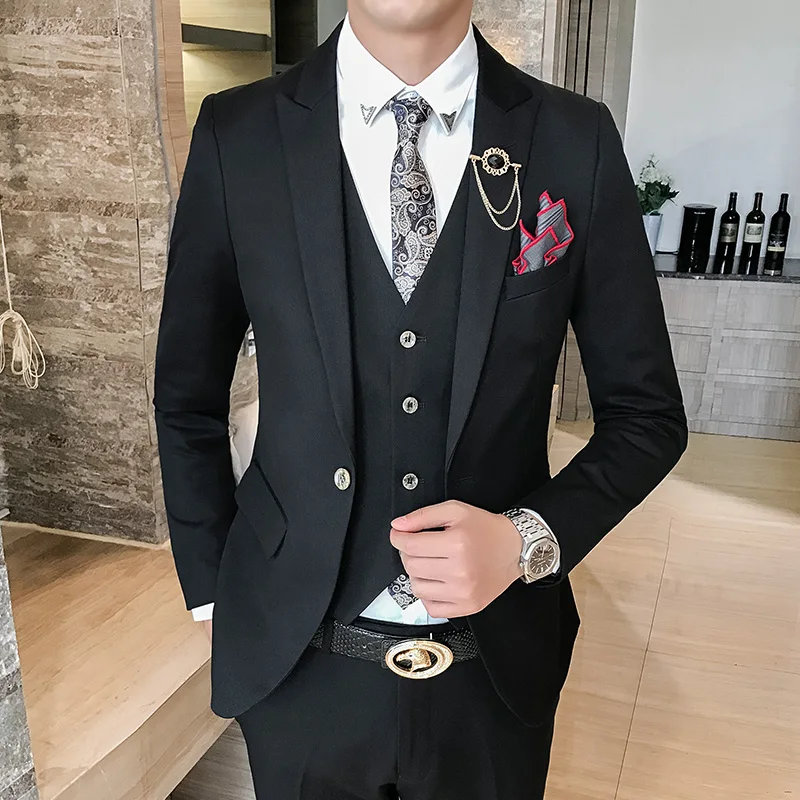 Pure Color Men S Suit Three Piece Set Color Black Wine Red Light Green High End Business Wedding Dress Men Suits Suits Aliexpress