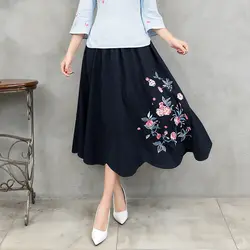 Hchenli цветок нерегулярные подол хлопок белье вышивка эластичный пояс юбки Для женщин Повседневное Этническая Стиль 2018 синий черный, белый