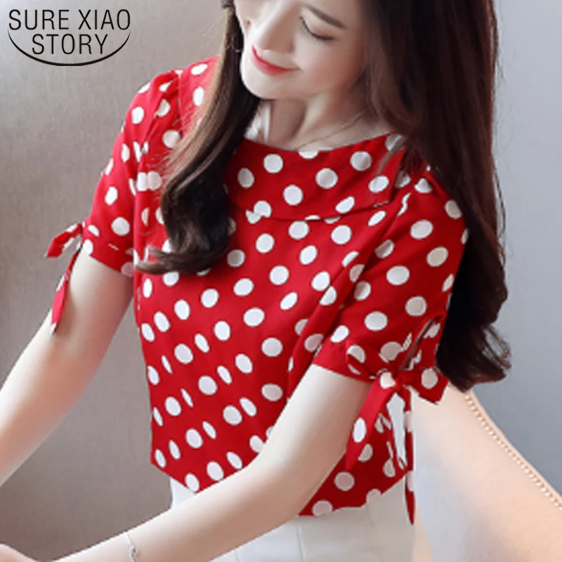 

2019 Short Sleeve Shirts Chiffon Blouse Women Tops and Blouse Shirt Ladies Top Women Harajuku Slash Neck Polka Dot 3990 50