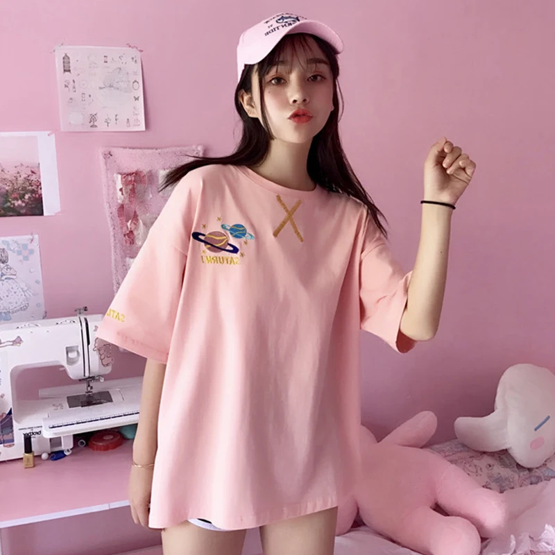 

Summer planet cute cartoon loose bf wind embroidery Harajuku Japanese large size M-2XL short sleeve casual T-shirt Cotton tops