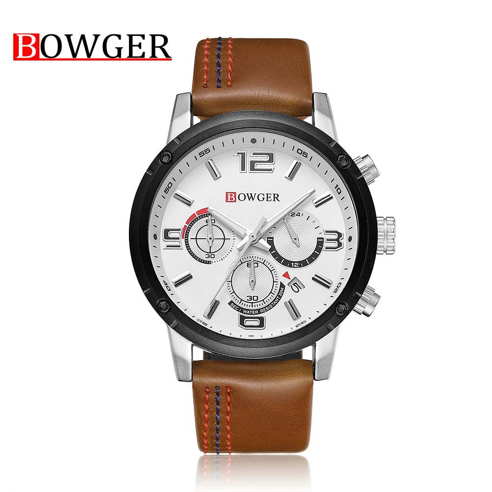

Bowger Men's Watches Waterproof Luxury Watch Men Quartz Leather Strap Clock Business Chronograph Watch Man Relogio Masculino+Box