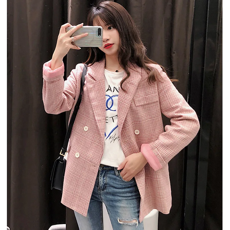2019 Spring New Korean Pink Suit Top Fashion Long Korean Version Loose Plaid Suit Jacket Button Notched Double Breasted Plaid