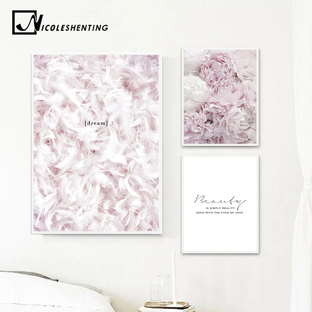 

Scandinavian Style Pink Flower Feather Canvas Posters and Prints Wall Art Painting Nordic Decoration Pictures Modern Home Decor